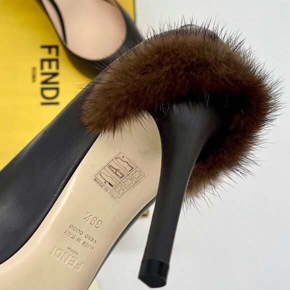 NEW Black Fendi Heels Leather and Mink Pumps Women’s Size 39.5 - Picture 9 of 15